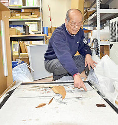 空き家に侵入したイノシシに汚されたふすまを見つめる柳沼さん
