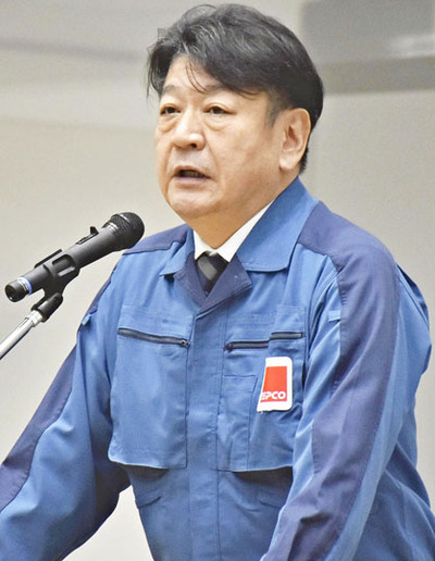 福島第１原発で訓示を述べる小早川社長