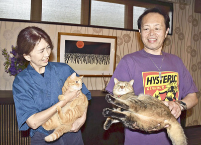 おきな旅館で看板猫と遊ぶ金子社長（右）と女将の美奈子さん