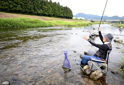 アユ釣りを楽しむ客＝２８日午前、楢葉町