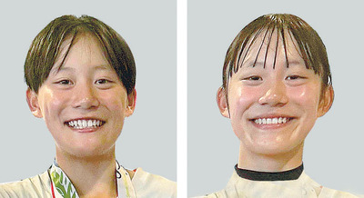 ソフトテニス女子個人で優勝した大武姫菜（左）、大武夢菜組