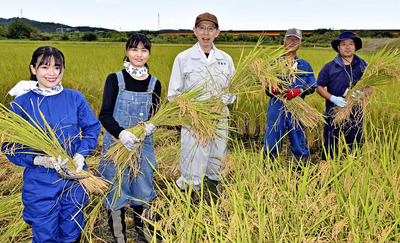 「福、笑い」の稲刈りに臨んだ内堀知事（中央）ら