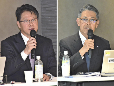 会見するこころネットの菅野社長(左)と燦HDの播島社長