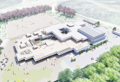 新学校の外観イメージ。校舎の中央に中庭が設けられ、子どもたちや地域住民が交流できるのが特徴