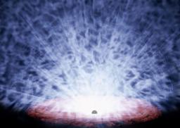 　超巨大ブラックホールから噴き出す弾丸のようなガスの「風」のイメージ（ＪＡＸＡ提供）