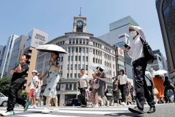 　暑さの中、東京・銀座を歩く人たち＝１７日午前