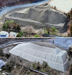 　福島県西郷村の住宅裏に違法に盛られた土砂（上、２０２４年２月）と、行政代執行で災害防止措置がなされた盛り土（今年３月、いずれも福島県提供）