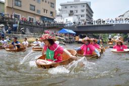　「松川タライ乗り競走」で、水しぶきを上げながら川を下る出場者＝６日午前、静岡県伊東市