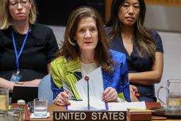 　国連安全保障理事会で発言する米国のシェイ国連臨時代理大使＝１７日、ニューヨーク（ロイター＝共同）