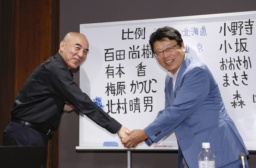 　比例代表で当選を決めた北村晴男氏（右）と握手する日本保守党の百田代表＝２０日午後９時１２分、東京都中央区