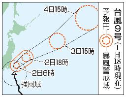 　台風９号の予想進路（１日１８時現在）
