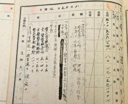 　１９４５年８月１５日の「川口市芝国民学校」の学校日誌。「正午放送ニ依リテ詔書ハ玉音ノママニ全國民ニ下賜」に続く文章が黒く塗られている
