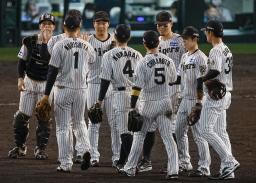 　広島に勝利し、タッチを交わす阪神ナイン＝甲子園