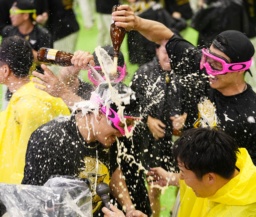 　祝勝会でビールをかけられる阪神・佐藤輝＝７日、兵庫県内