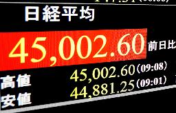　４万５０００円を突破した日経平均株価を示すモニター＝１６日午前、東京・東新橋