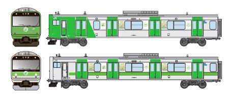 　山手線環状運転１００周年を記念したラッピング列車のデザイン。上が「１０３系」、下が「２０５系」をイメージしている（ＪＲ東日本提供）