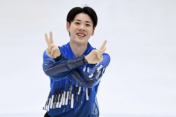 　ジュニア男子ＳＰの演技を終え、笑顔の田内誠悟＝邦和みなとスポーツ＆カルチャー