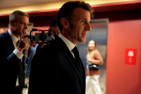 　２３日、米ニューヨークの国連本部を訪れたフランスのマクロン大統領（ゲッティ＝共同）