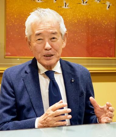 　米国展開について語る獺祭の桜井博志会長（共同）