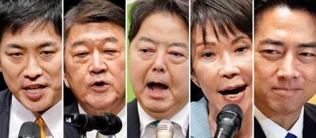 　自民党総裁選に立候補している５氏。左から届け出順に、小林元経済安保相、茂木前幹事長、林官房長官、高市前経済安保相、小泉農相＝２日（小泉氏はロイター＝共同）