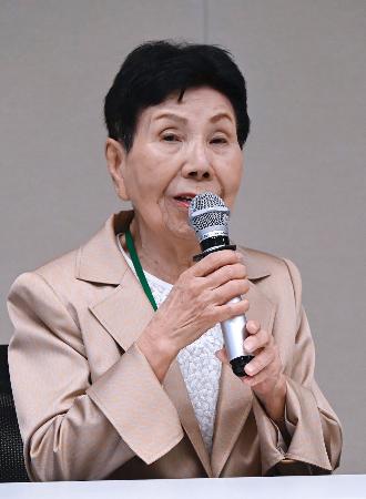 　集会で再審を巡る法改正を訴える、袴田巌さんの姉ひで子さん＝７日午後、国会
