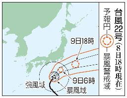 　台風２２号の予想進路（８日１８時現在）