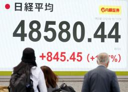　４万８５８０円４４銭となった日経平均株価の終値を示すモニター＝９日午後、東京都中央区