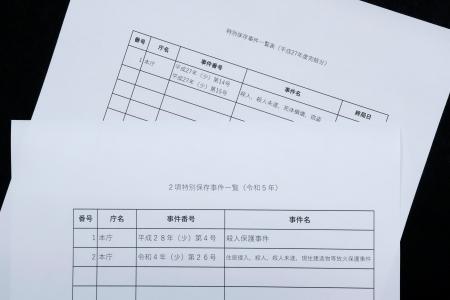 　甲府家裁（手前）と長崎家裁がホームページに掲載した、特別保存に付する認定を行った事件の一覧