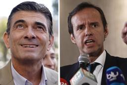 　ボリビア大統領候補のホルヘ・キロガ元大統領（右）とロドリゴ・パス上院議員（ＡＰ＝共同）