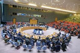 　国連安全保障理事会の会合＝２２日、米ニューヨークの国連本部（国連提供・共同）