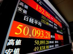 　史上初めて５万円を超えた日経平均株価を示すモニター＝２７日午前、東京・東新橋