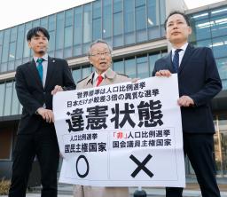 　「１票の格差」訴訟の判決を受け、名古屋高裁金沢支部前で「違憲状態」などと書かれた紙を掲げる原告側の升永英俊弁護士（中央）ら＝２９日午後